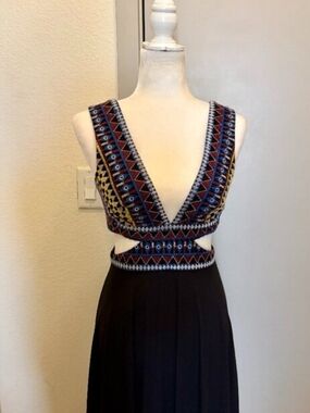 BCBGMaxAzria Black Cut-out Asymetrical Dress with Multicolor Embroidered Bodice